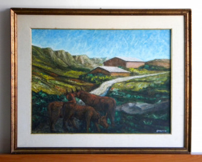 Ferma de munte - tablou pictura originala ulei pe panza, rama cu sticla 76x61cm foto