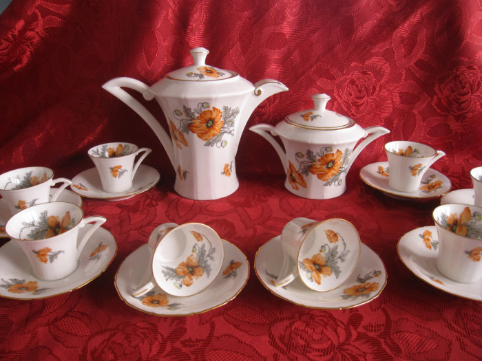 SET / SERVICIU CAFEA PORTELAN LAMOTTE FRANTA DECOR FLORI DE MAC CESTI CEAINIC