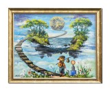 Cumpara ieftin Tablou suprarealist pictat manual inramat, Scara cunoasterii, 55x45cm ulei pe panza, rama din lemn, Stefan Bilibou