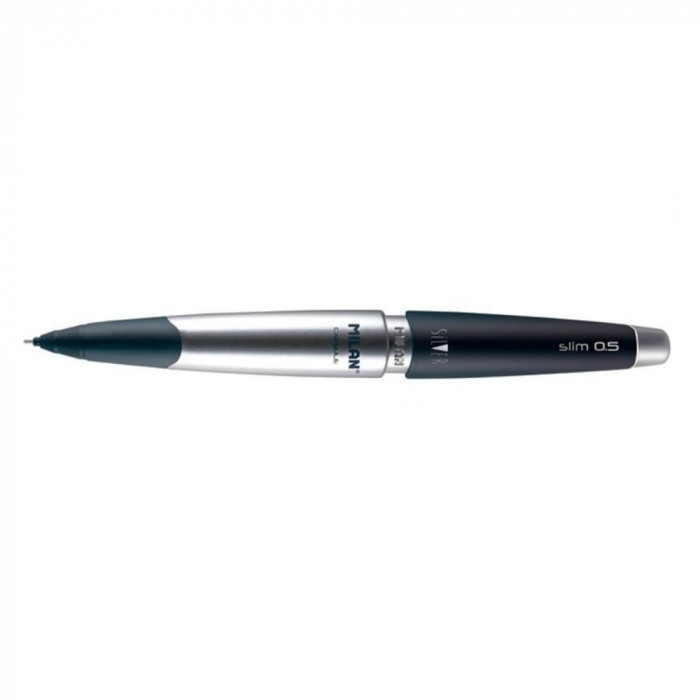 Creion Mecanic MILAN Capsule Silver, Mina de 0.5 mm, Corp din Metal si Plastic Negru, Creioane Mecanice, Creion Mecanic cu Mina, Creioane Mecanice cu