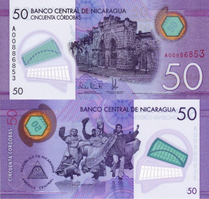 NICARAGUA 50 cordobas 2014 polymer UNC!!!