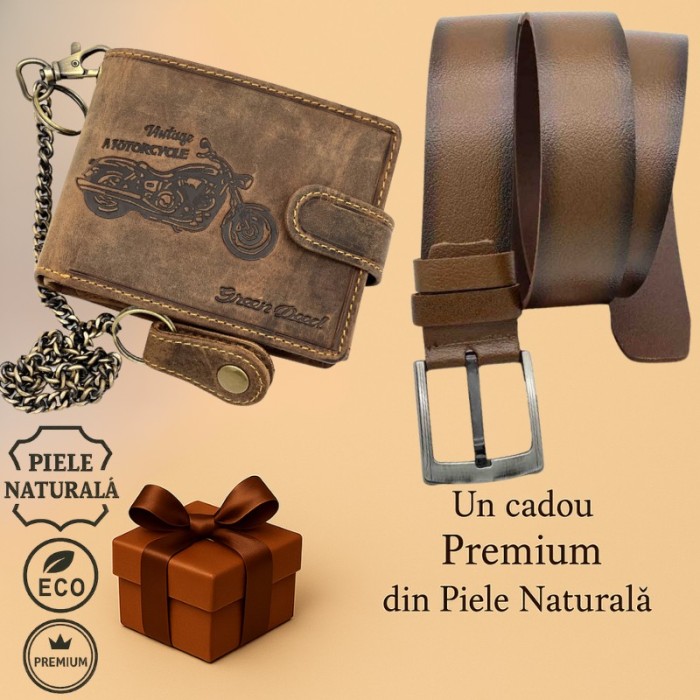Moto Legend &ndash; Set Cadou cu Portofel Gravura Motocicleta si Curea Piele Naturala