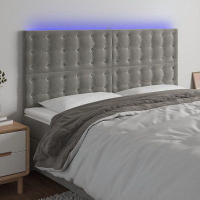 vidaXL Tăblie de pat cu LED, gri deschis, 160x5x118/128 cm, catifea foto