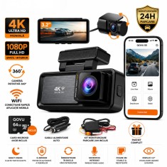 Camera de Bord QOVU&reg; S5, 4K Fata + 1080P Spate/Interior, Card 64GB si Kit Parcare Incluse, WiFi, Ecran 3.2&rdquo;, Night Vision, G-Sensor, Inregistrare in b
