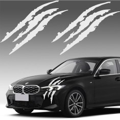 Stickere auto monster scratches, set 2 bucati, alb, 37x9 cm, folie oracal, tuning exterior masina, autoadezive rezistente
