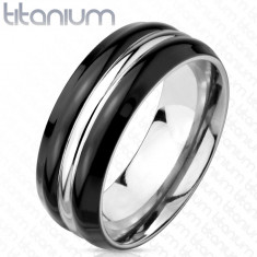 Inel de titan de culoare argintie - margini negre, bandă centrală de culoare argintie, 8 mm - Marime inel: 62