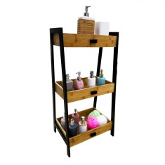 Etajeră Bambus, Model 45x35x90cm, Rafturi Sertare 3, Picioare Metalice, Bej/Negru