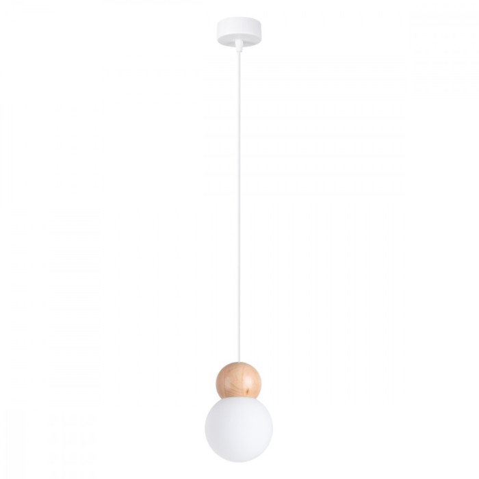 Lampă Suspendată Pekka Lemn Alb/Natural Sticlă/Lemn 1 Bec Minge Scandinavă De Interior