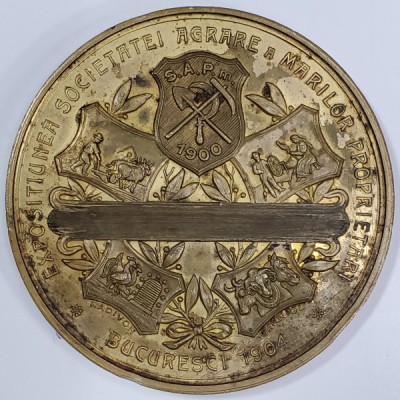 MEDALIE DIN BRONZ &amp;#039;&amp;#039; EXPOSITIUNEA SOCIETATEI AGRARE A MARILOR PROPRIETARI , BUCURESCI 1904 &amp;#039;&amp;#039; de RADIVON / CARNIOL foto