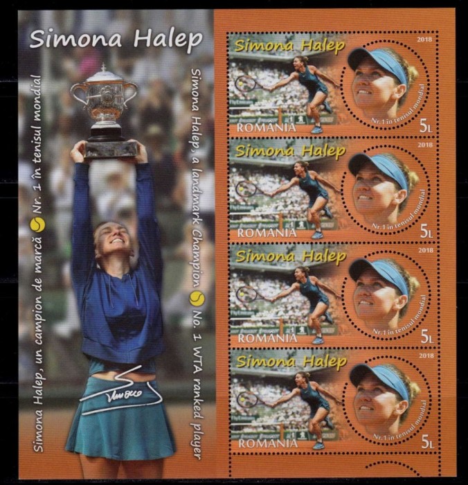 Sport, tenis, Simona Halep - nr. 1 mondial - minicoală de 4 timbre cu manșeta ilustrată, 2018, LP 2209b, MNH