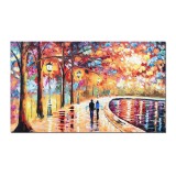 Tablou indragostiti stilizat pictat manual, Impreuna pe aleea cu felinare, 100x60cm ulei pe panza in cutit, gata de expus pe perete