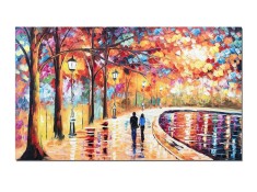 Tablou indragostiti stilizat pictat manual, Impreuna pe aleea cu felinare, 100x60cm ulei pe panza in cutit, gata de expus pe perete foto