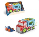 Camion cu platforma, masinuta curse, sunete si lumini, +18 luni