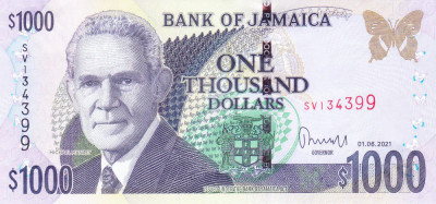 Bancnota Jamaica 1.000 Dolari 2021 - P86 UNC ( vezi descriere ) foto