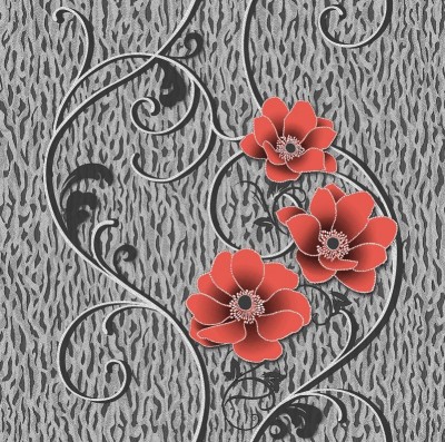 Tapet floral, gri, negru, rosu, dormitor, living, Akryl, 33769 foto