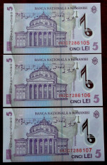 ROMANIA set lot 3 bucati 5 LEI 2005 (2008) serii consecutive UNC ** foto