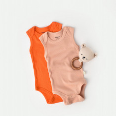 Set 2 body-uri fara maneci bebe unisex din bumbac organic si modal - Rodie/Piersica, BabyCosy (Marime: 0-3 Luni)