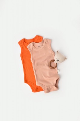 Set 2 body-uri fara maneci bebe unisex din bumbac organic si modal - Rodie/Piersica, BabyCosy (Marime: 3-6 Luni) foto