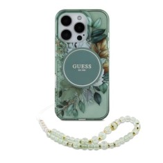Husa pentru iPhone 16 Pro - Guess IML Flowers with Pearl Strap MagSafe (GUHMP16LHFWBRCESN) - Green foto