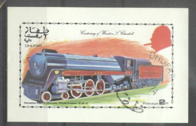 Dhufar 1974 Churchill, Trains, mini imperf.sheet, used AI.031 foto