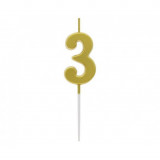 Lumanare tort cifra 3, auriu metalic, 9.5 cm, Godan