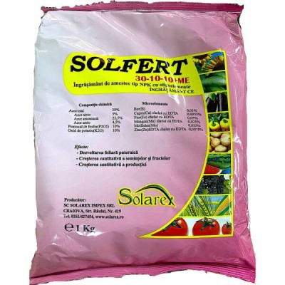 Solfert 30-10-10 1kg, ingrasamant foliar tip NPK+microelemente, Solarex, ajuta dezvoltarea foliara, crestere cantitativa a productiei foto