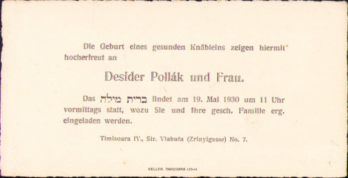 HST A875 Anunț naștere 1930 familia de evrei Pollak Timișoara