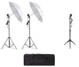 Cumpara ieftin Kit de 2 umbrele albe, 2 trepiezi reglabili 200 cm, 1 trepied 160 cm, fara becuri, geanta de transport inclusa