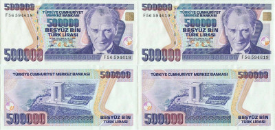 2 x 1994 , 500,000 turkish lira ( P-208c ) - Turcia - stare aUNC foto