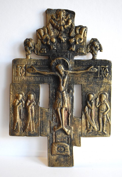 Cruce / Crucifix ortodox vechi din bronz - lipovenesc - inceput de secol XX