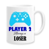 Cana alba personalizata "Player 2, always a loser", INOVATIX&reg;. 330ml