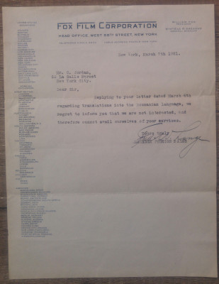 Scrisoare Fox Film Corporation privind propunere traducerei in lb romana/ 1921 foto