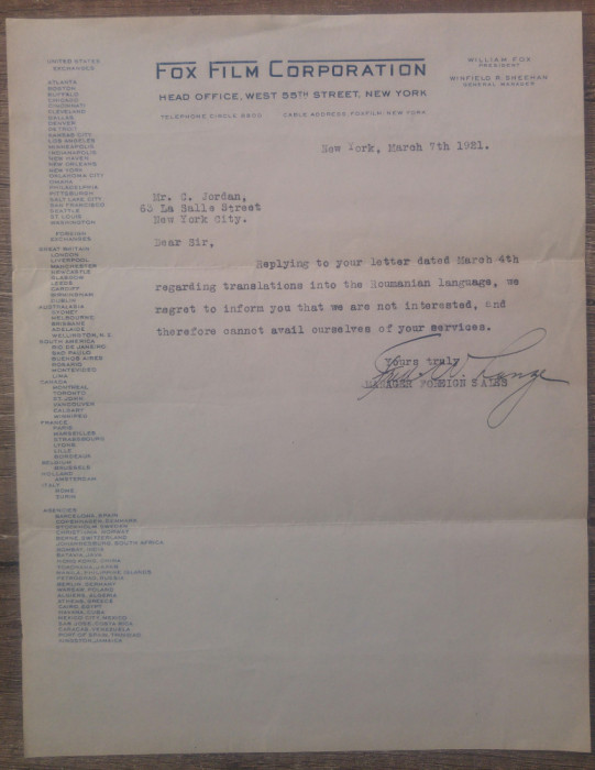 Scrisoare Fox Film Corporation privind propunere traducerei in lb romana/ 1921