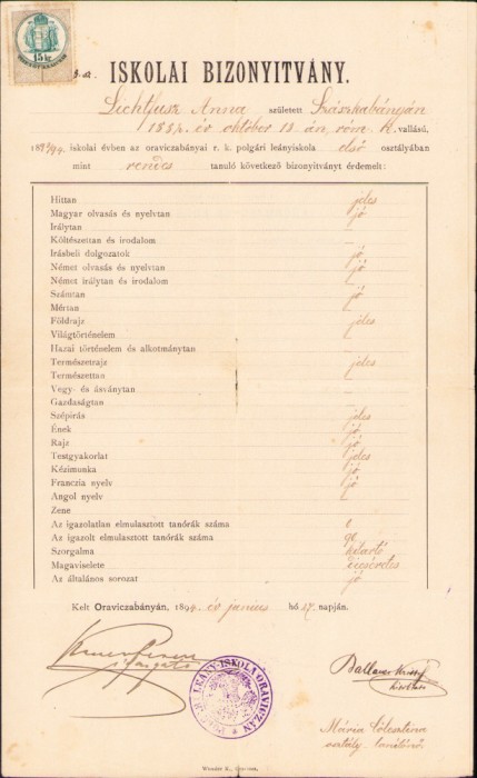 HST A1834 Certificat școlar 1894 Oravița