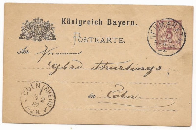 Germany Bayern 1887 Old postcard stationery Neumarkt to Coln D.767 foto