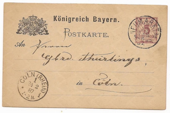Germany Bayern 1887 Old postcard stationery Neumarkt to Coln D.767