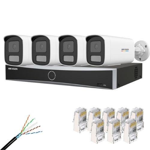 Kit supraveghere IP Hikvision 4 camere IP 4MP Lentila 4mm IR 50m Lumina Alba 50m Microfon, NVR 4 Canale PoE 12MP, Cablu CAT6 FTP Si Mufe SafetyGuard S