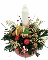 Aranjament de Craciun cu muschi naturali stabilizati, plante naturale uscate si lumanare in bol din sticla (Multicolor)