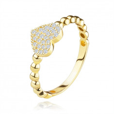 Inel din aur galben de 14K - inimă cu zirconii transparente, umeri cu caneluri - Marime inel: 52