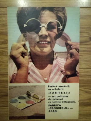 1971, Reclamă ochelari de soare FANTEZ, 15 x 24 cm, Fabrica PROGRESUL Arad foto