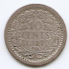 Olanda 10 Cents 1917 - Wilhelmina, Argint 1.4 g/640, 15 mm KM-145