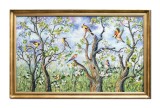 Tablou cu pasari pictat manual inramat, Tril de primavara, 110x70cm ulei pe panza rama din lemn, Stefan Bilibou