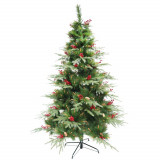 Brad artificial decorat cu conuri pin rosii premium de craciun bogat, inaltime 180 cm, 414 ramuri, suport metalic inclus, verde, Oem