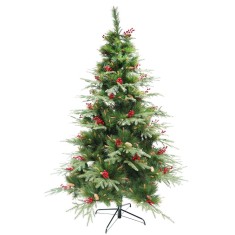 Brad artificial decorat cu conuri pin rosii premium de craciun bogat, inaltime 180 cm, 414 ramuri, suport metalic inclus, verde