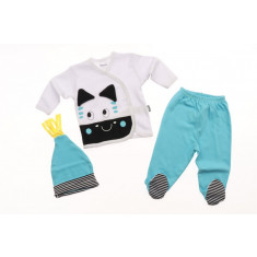 Set nou nascuti 3 piese bluzita, pantaloni, caciulita bleu bumbac 3-6 luni