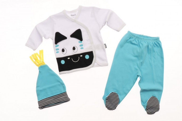 Set nou nascuti 3 piese bluzita, pantaloni, caciulita bleu bumbac 3-6 luni