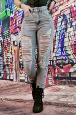 F927-18 Blugi drepti cu talie inalta model destroyed patat