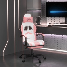 Scaun de gaming pivotant cu suport picioare, alb&amp;roz, piele eco