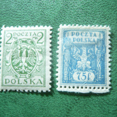 2 Timbre Polonia 1922 Stema ,valorile 75f si 2mk , sarniera