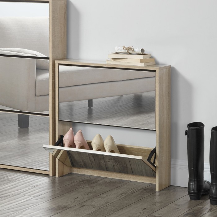 [en.casa] Pantofar Toni, 67 x 63 x 17 cm, PAL melaminat/ oglinda, Sonoma stejar, cu 2 compartimente depozitare, 6 perechi pantofi HausGarden Leisure